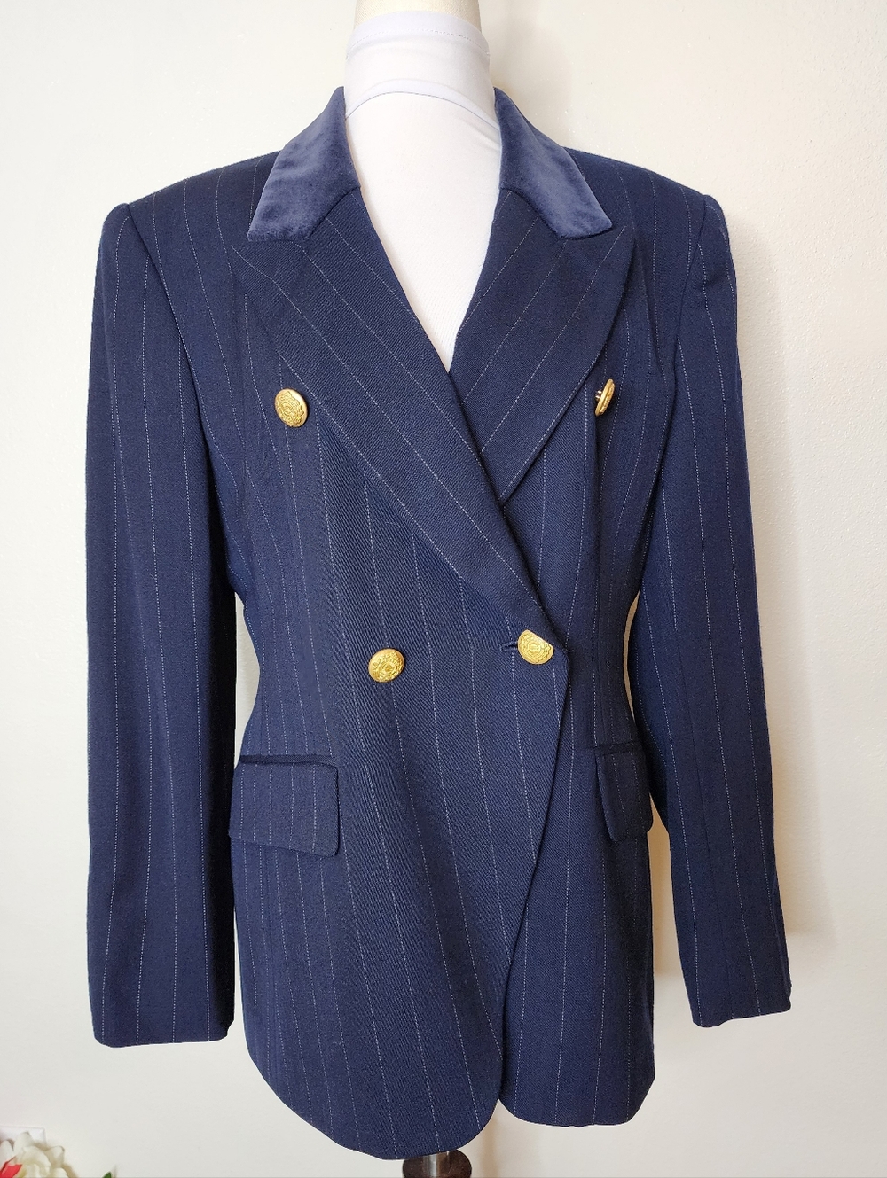 Jones New York Blazer Dsrk Blue Pinstripe Tailored Tuxedo Military Jacket Office - Picture 3 of 16